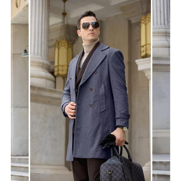 Mens Blue for Long Jackets Warm Peacoat Men's Double Overcoat Trench Coats - Picture 5 of 7